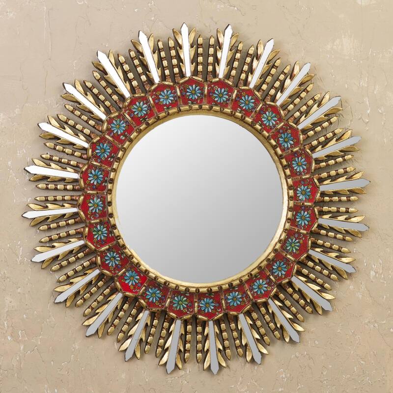 Novica Handmade Floral Rays Reverse-Painted Glass Wall Mirror - Multi