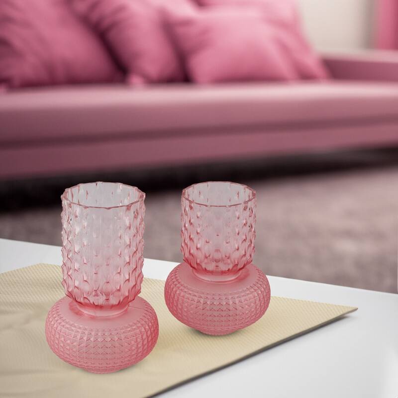 Frosted Pink Glass Set of Two Bubble Shape Modern Tabletop Vases
