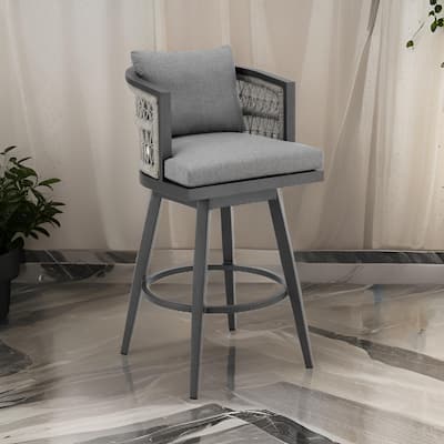 Hosa 30 Inch Outdoor Swivel Barstool Chair, Gray Aluminum, Woven Rope