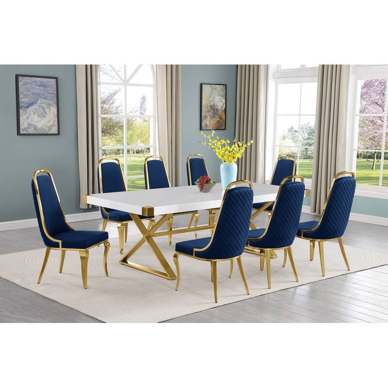 Best Quality Furniture D442/3-SC310-7 Dining Set with 94" White Lacquer Wood Top - 9-Piece - Navy Blue / Gold