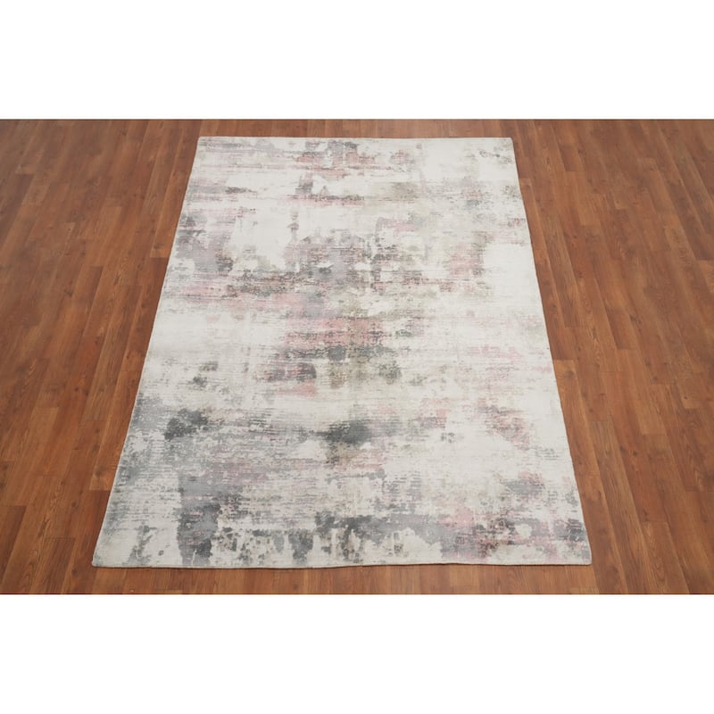 Hand Knotted Oriental Viscose Silk Carpet Modern Abstract Beige & Ivories Abstract Area Rug - 6' 7'' X 4' 9''