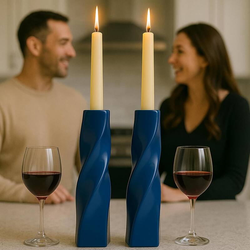 Blue Tall Curvy Santa Fe Style Ceramic Candlesticks Set of Two