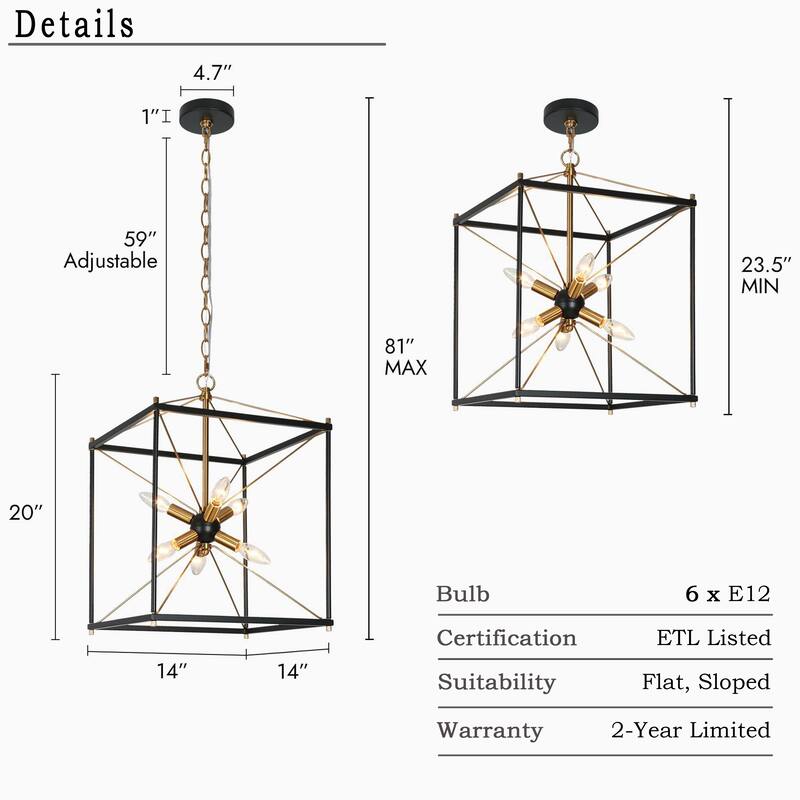 Leno 6-Light Black Gold Sputnik Sphere Chandelier Modern Cage Satellite Metal Pendant Lighting for Dining Room
