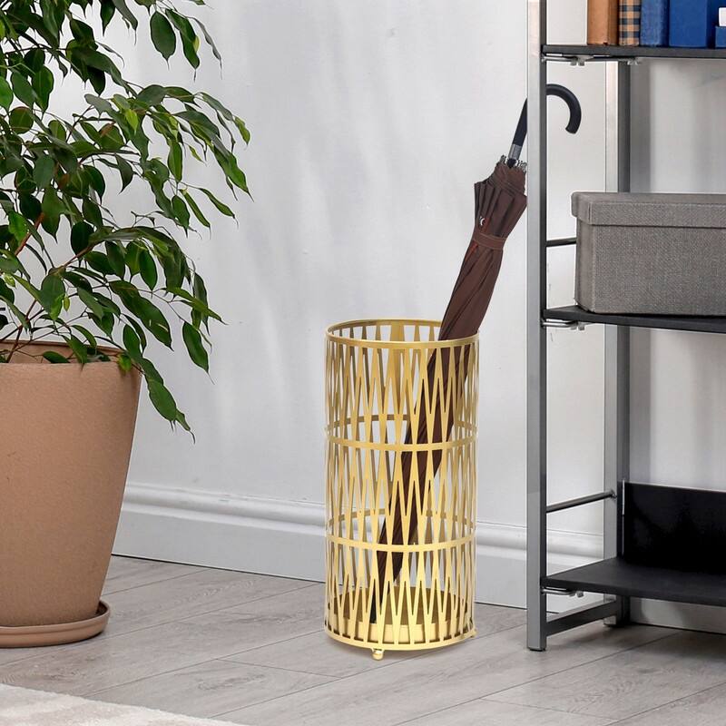 ADECO Stand Gold / Black Round RackMetal Umbrella Cane Walk Stick Drip Tray - 9. 2"x9. 2"x19"