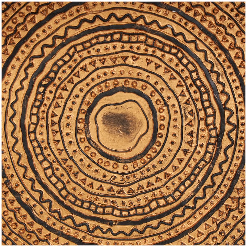 Metal Tribal Carved Circular Sculpture with Black Stand and Wavy Edge - Brown - Roche River Decor - 3"W x 11"L x 17"H