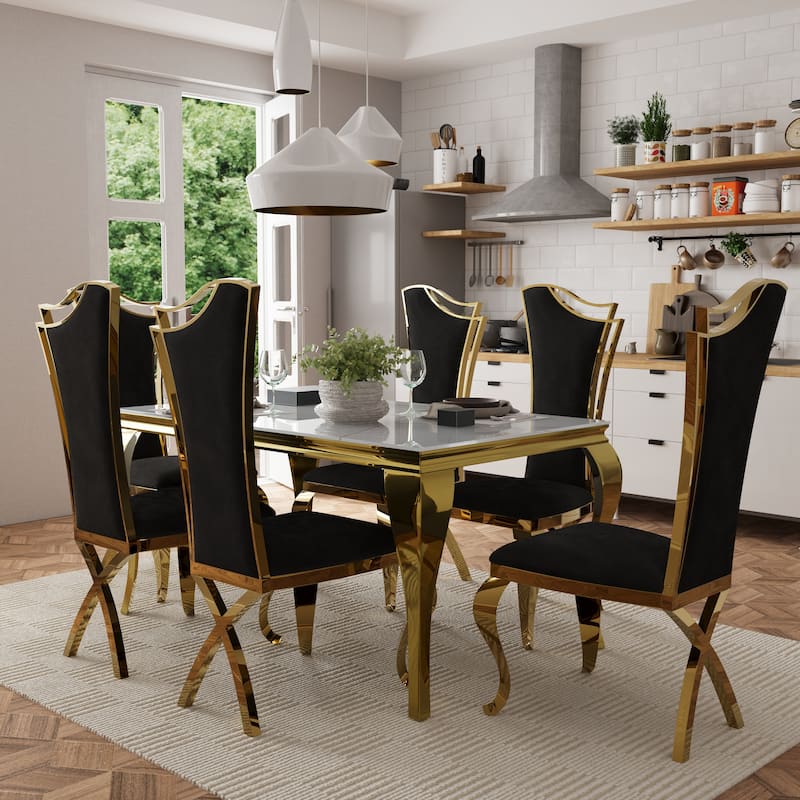 Luxurious Clear Tempered Glass Dining Table Set with Heavy Duty Dining Chairs - White-Black - Table with 6 Chairs