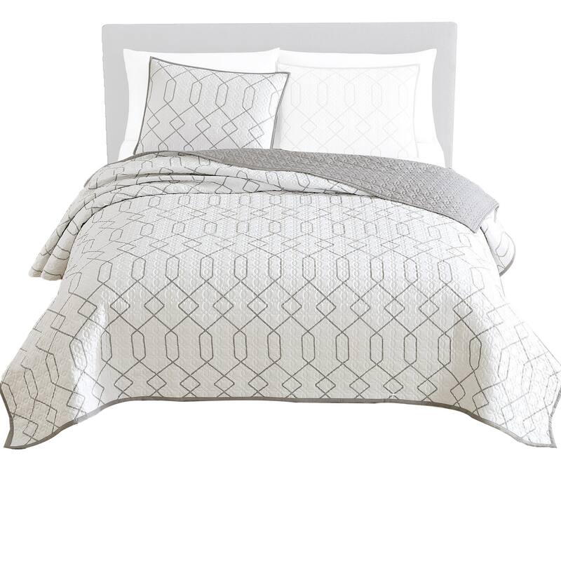 Jim 2 Piece Twin Size Reversible Coverlet Set, Geometric White and Gray