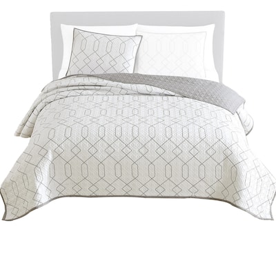 Jim 2 Piece Twin Size Reversible Coverlet Set, Geometric White and Gray