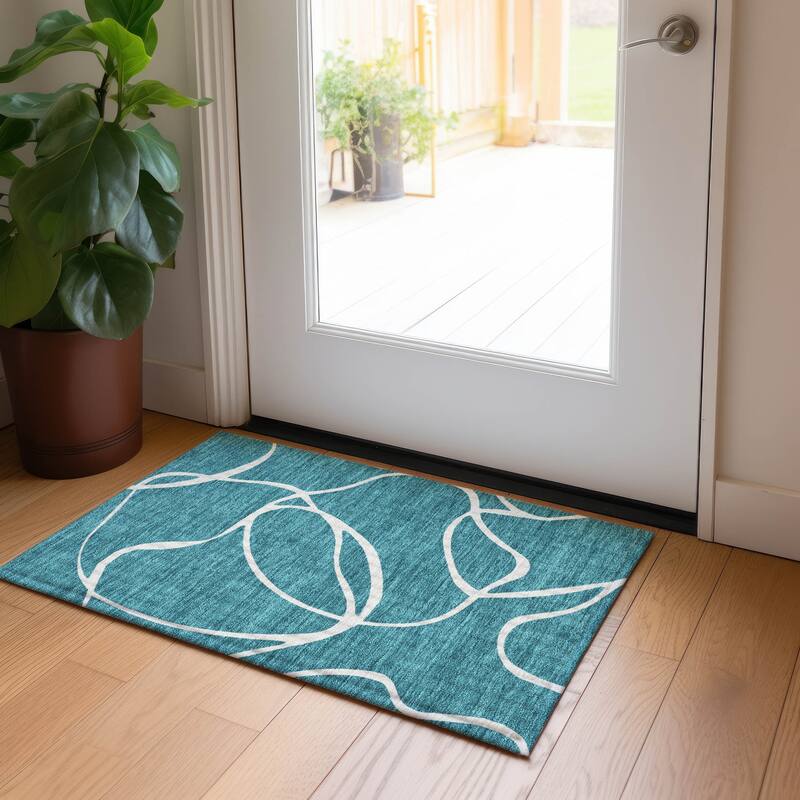 Machine Washable Indoor/ Outdoor Abstract Modern Chantille Rug - Teal - 1'8" x 2'6"