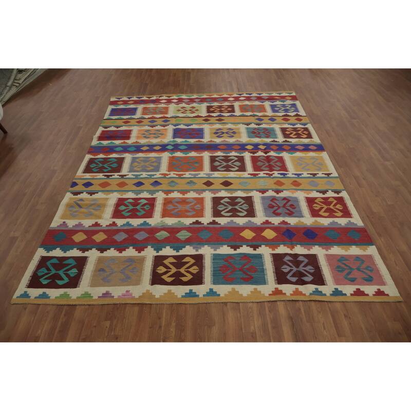 Hand Woven Oriental 100% Wool Carpet Southwestern Tribal Multi-Colored Kilim Area Rug - 12' 0'' X 8' 8''