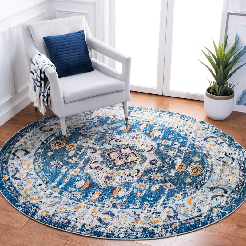 SAFAVIEH Madison Willodean Boho Oriental Distressed Rug - 6'7" Round - Dark Blue/Light Blue