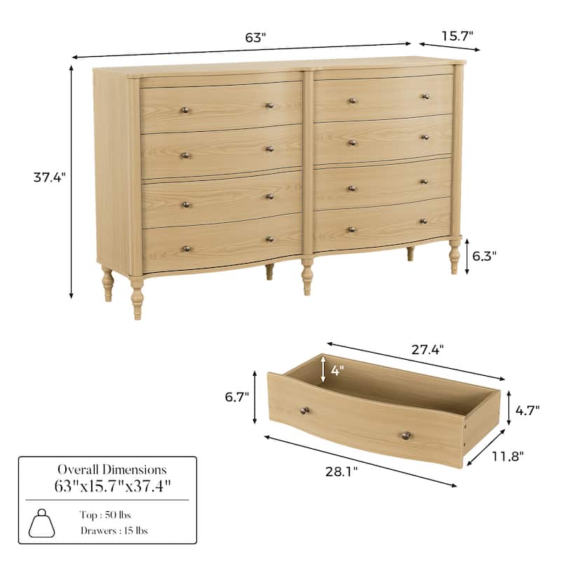 Elegant 8-Drawer Dresser with Solid Wood Legs, Vintage Curved Front Chest of Drawers for Bedroom Storage