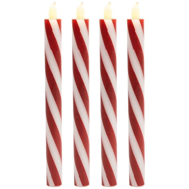 Flickering Candy Cane Striped Flameless Tapered Christmas Candles - 9.5" - Red and White - Set of 4