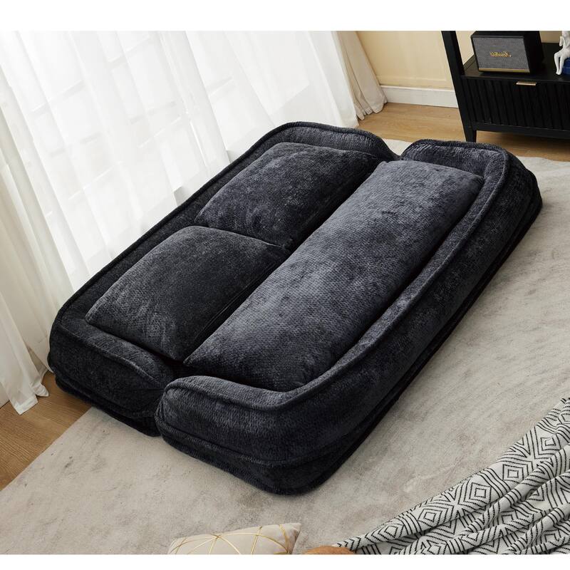 Pet Friendly Lazy Loveseat Sofa 2-in-1 Chenille Floor Couch Double Human Sleeper Bed with 5 Adjustable Position, Plump Pillows