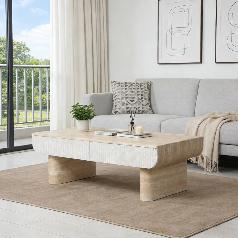 GDFStudio - Mid-Century Modern Coffee Table with Fluted Storage Drawer