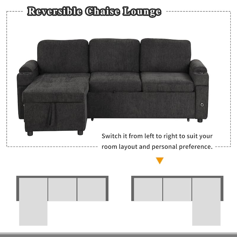 83.5" L-shaped Sofa Couch Convertible Sofa Bed Sectional Sofa with Ample Storage Space, Two Cup Holders and Two USB Ports