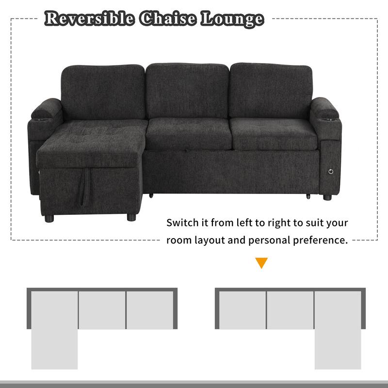 L-Shaped Convertible Sofa Bed with Reversible Chaise Lounge, Chenille Fabric Sectional Sofa with 2 Cup Holders & 2 USB Ports