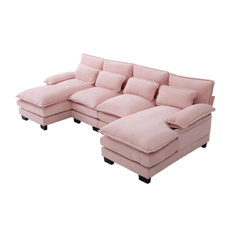 Symmetrical Chenille Upholstered Sectional Sofa U-shaped Cloud Couch with Double Chaise, Side Pockets and Double-layer Cushions