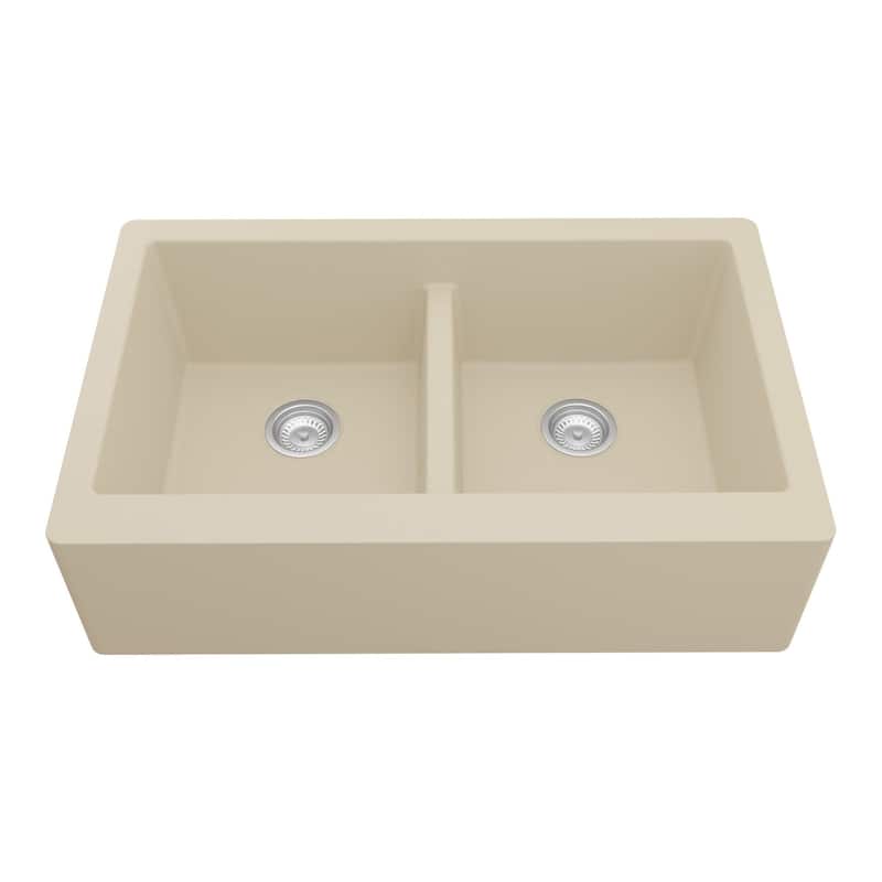 Karran Farmhouse Apron Front Quartz Double Bowl Kitchen Sink - Bisque