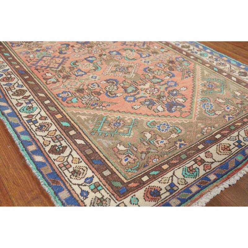 Hand Knotted Oriental 100% Wool Carpet Traditional Geometric Coral Hamedan Runner Rug - 10' 4'' X 3' 3''