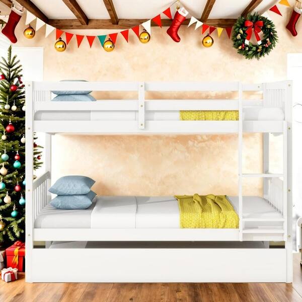 slide 2 of 9, Solid Wood Twin Over Twin Bunk Beds with Trundle,Safety Rail and Ladder,Kids Bed Design White
