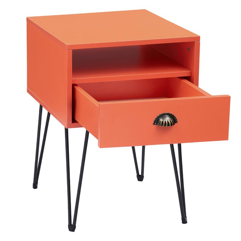 VECELO Mid Century Modern Nightstand with Drawer Open Shelf V-Shaped Metal Legs End Table for Bedroom Living Room