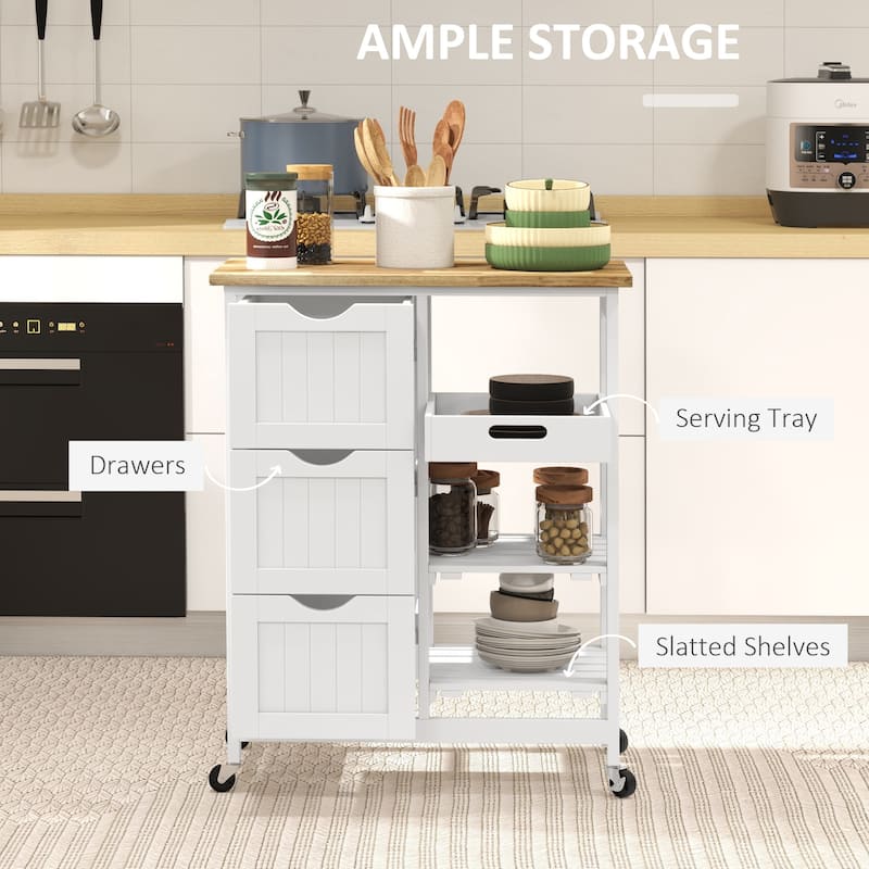 Rolling Kitchen Island Cart, Bar Serving Cart with Wood Top, Shelves & Drawers for Home Dining Area