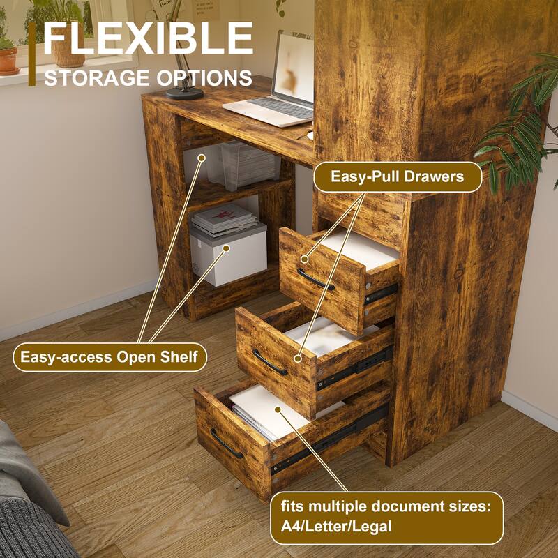 Computer Desk with 4-in-1 Socket & 3 Drawers, 4-Tier Storage Shelves, Carbonized Wood Finish Laminate for Home Office, Study