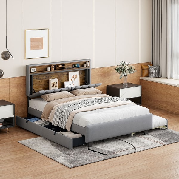 slide 2 of 11, Queen size Upholstered Platform Bed w/Twin XL Trundle & 2 drawers and Sockets & USB Ports Grey