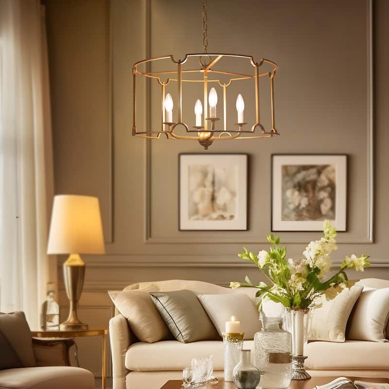 Alisar Mid-century Modern Drum Chandelier Farmhouse Lantern Dining Room French Country Lighting - D22"x H75‘’ - D22"x H75‘’ - Brushed Brass