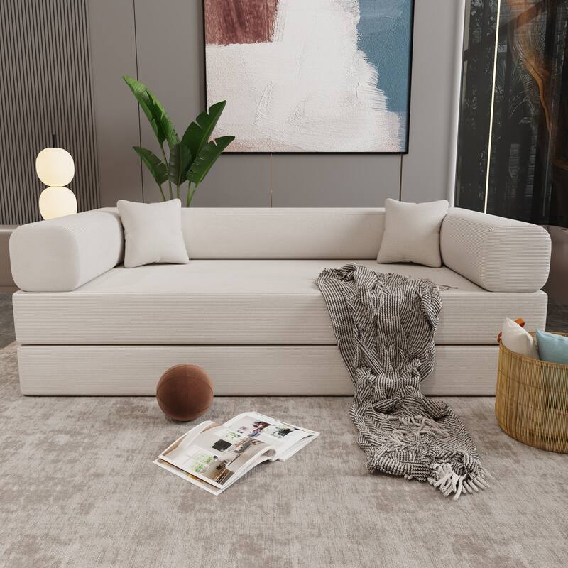 Convertible Couch Modular Sofa Bed with Wide Armrests, Beige Upholstered Sofa Couch with Pillows for Living Room