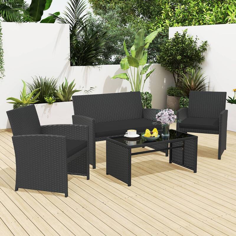 Gymax Set of 8 Patio Conversation Set w/Seat Cushions & Tempered Glass