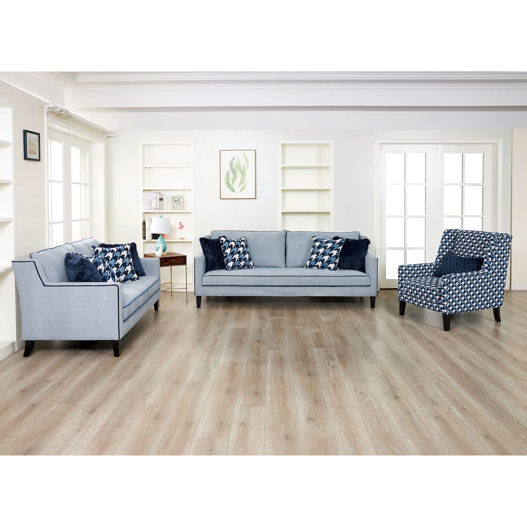 Furniture of America Gregen 3-Piece Grey and Blue Kiln-Dried Wooden Frame Sofa Set with Pillows