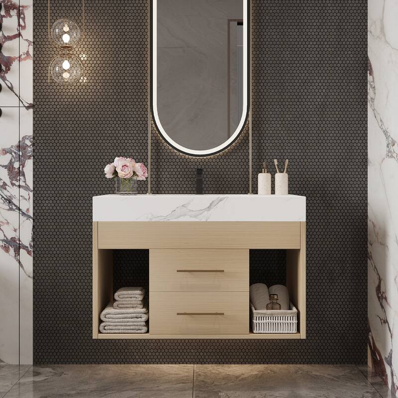 29.9" Modern Floating Bathroom Vanity with Sintered Stone Top Ceramic Undermount Sink Wall-Mounted for Small Bathrooms