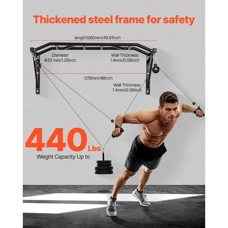 Wall Mounted Pull Up Bar with Pulley System and 10 Grip Options Triceps Rope for Home Gym Station - 49.61 x 23.07 x 17.95inch