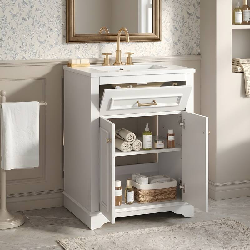 24" Bathroom Vanity with Integrated Ceramic Sink, Bathroom Cabinet with 2 Doors