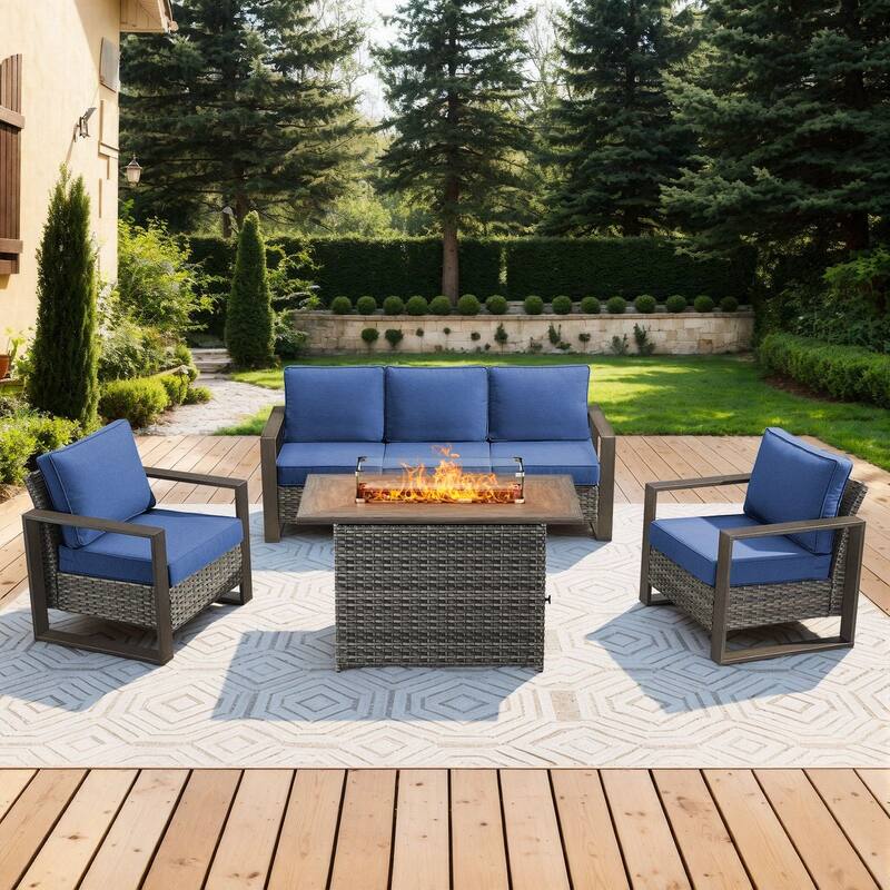 Meyreso Wicker Patio Conversation Set with Fire Pit Table & Olefin Cushions