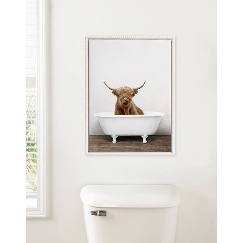 Sylvie Beaded Highland Cow Tub Color Framed Canvas by Amy Peterson