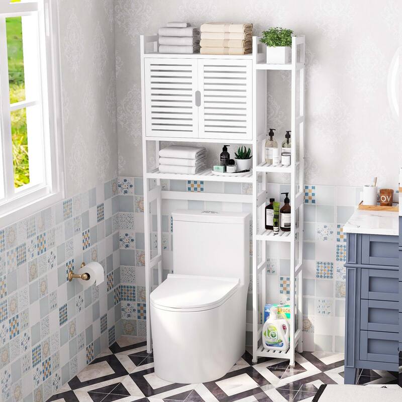 Bathroom Over-the-Toilet Storage Bamboo Over-the-Toilet Cabinet with Shelf - White