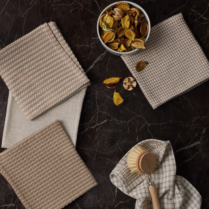 Windowpane Striped Kitchen Dishcloths - 12" - Brown Beige - Set of 10