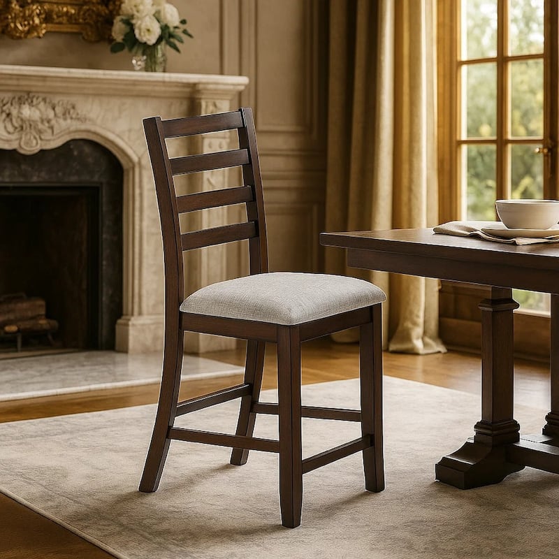 Rosanna Counter Height Chairs, Set of 2, White Fabric Foam Seat, Walnut Brown Wood