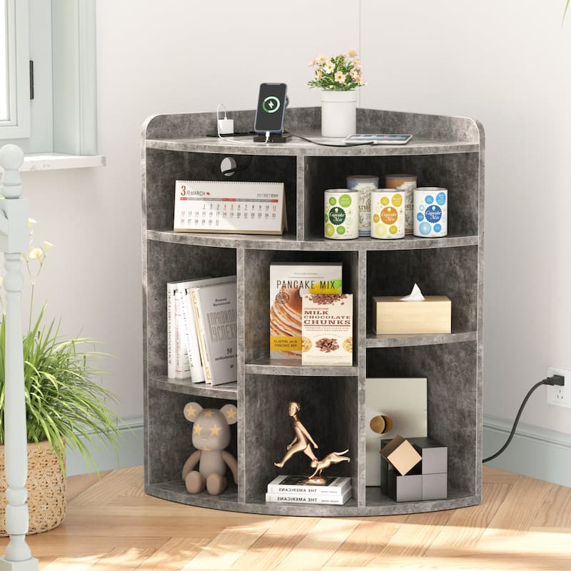 VECELO 4-Tier Adjustable Corner Bookshelf with Charging Station 3 AC Outlets & 2 USB Ports Waterproof Eco-Friendly Design - Grey
