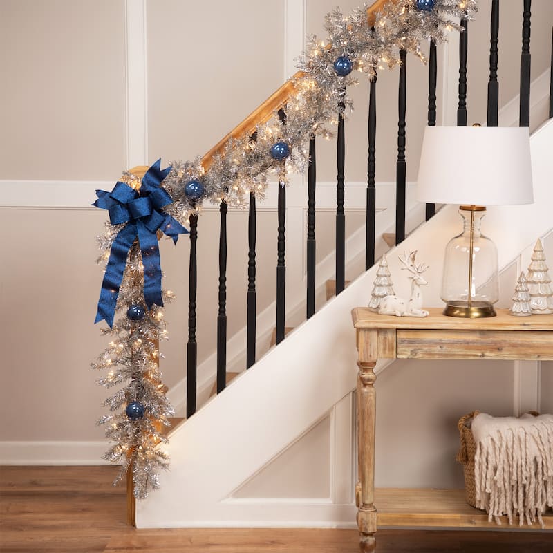 9' x 12" Silver Tinsel Artificial Christmas Garland, Clear Lights