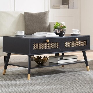 Boho Black Rectangle Coffee Table with Storage Drawers & Open Shelf ...