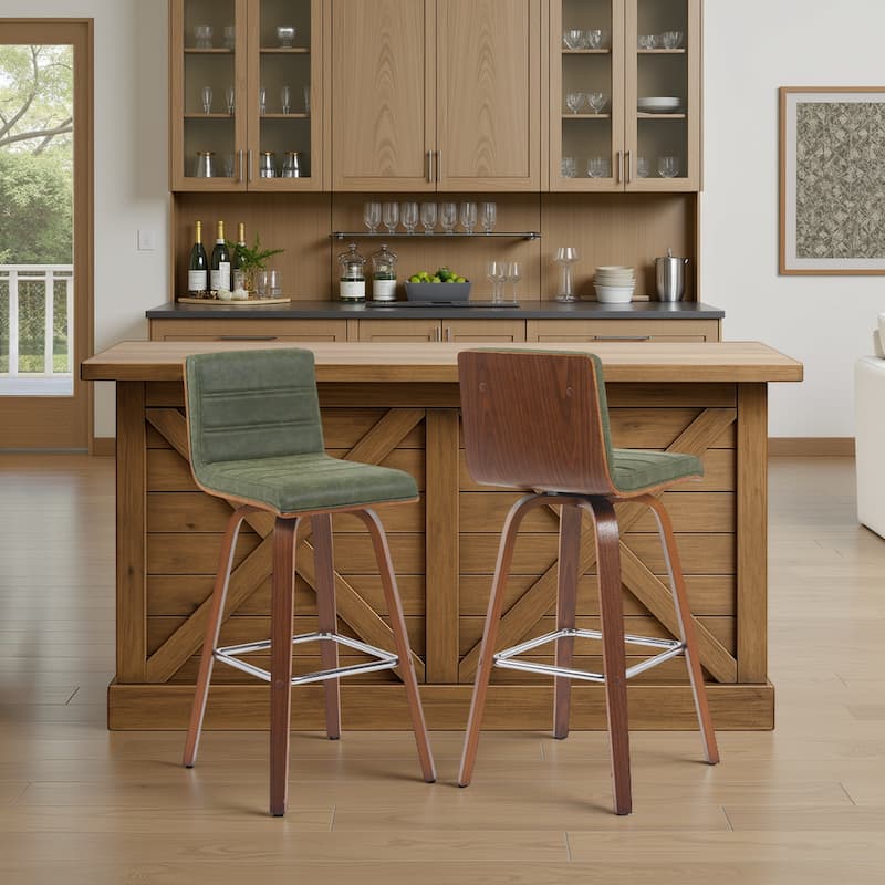Skara Swivel Bar Stool, Upholstered Bar Height Chair with Bentwood Frame - Vintage Green Faux Leather & Walnut - Set of 2