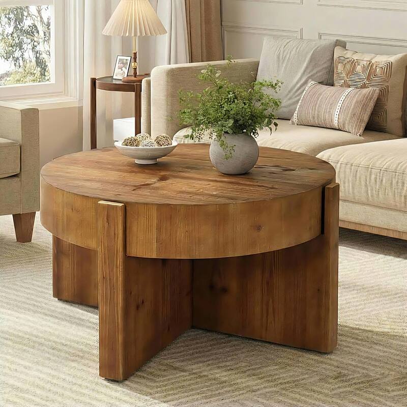 31.5 Inch Round Wood Coffee Table for Living Room - 31.5" D x 31.5" W x 18.5" H
