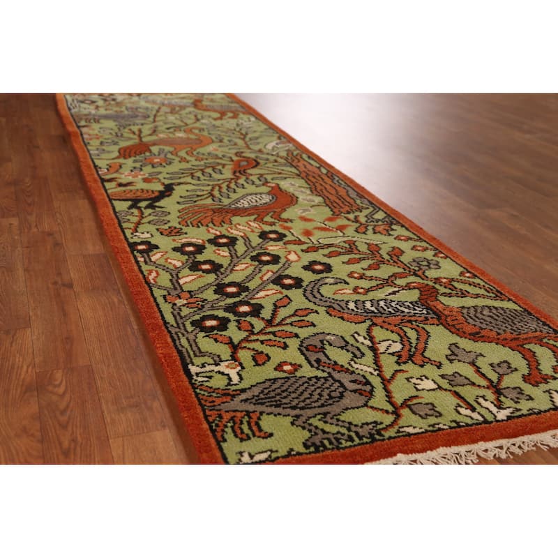 Light Green Animals Ziegler Indian Runner Rug Hand-Knotted Wool Carpet - 2'5" x 7'11" - Green - 2'5" x 7'11"