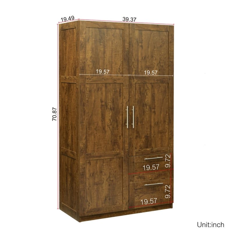 Traditional wooden wardrobe 2 door locker with 2 drawers, adjustable shelves and adult hanging rods, metal handles