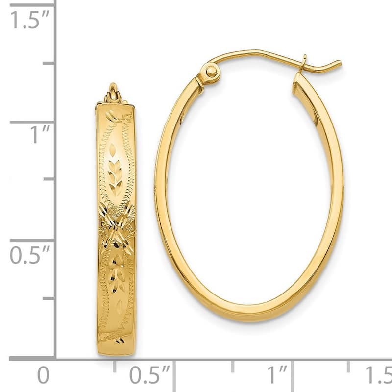 Curata 14k Yellow Gold Satin and Floral Diamond Cut Oval Hoop Earrings (3mm x 20mm)