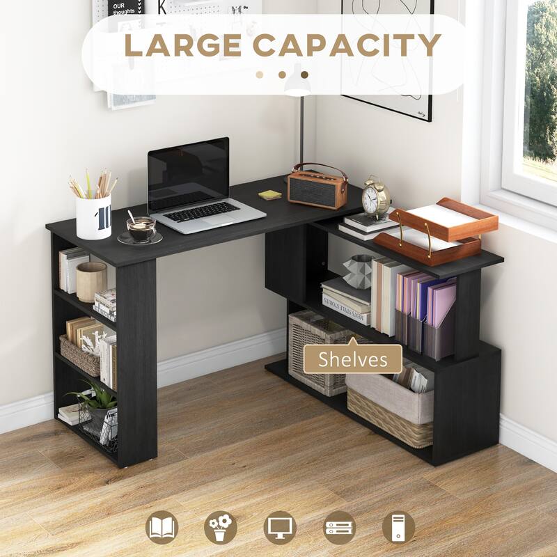 Modern L Shaped Computer Desk with 360° Rotating Support and Built In Shelves for Home Office or Bedroom